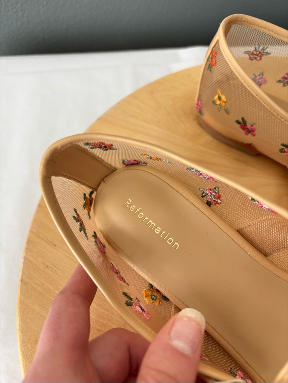 Reformation Bethany Tan Floral Mesh Mary Jane Flats Size 8 - Picture 6 of 9